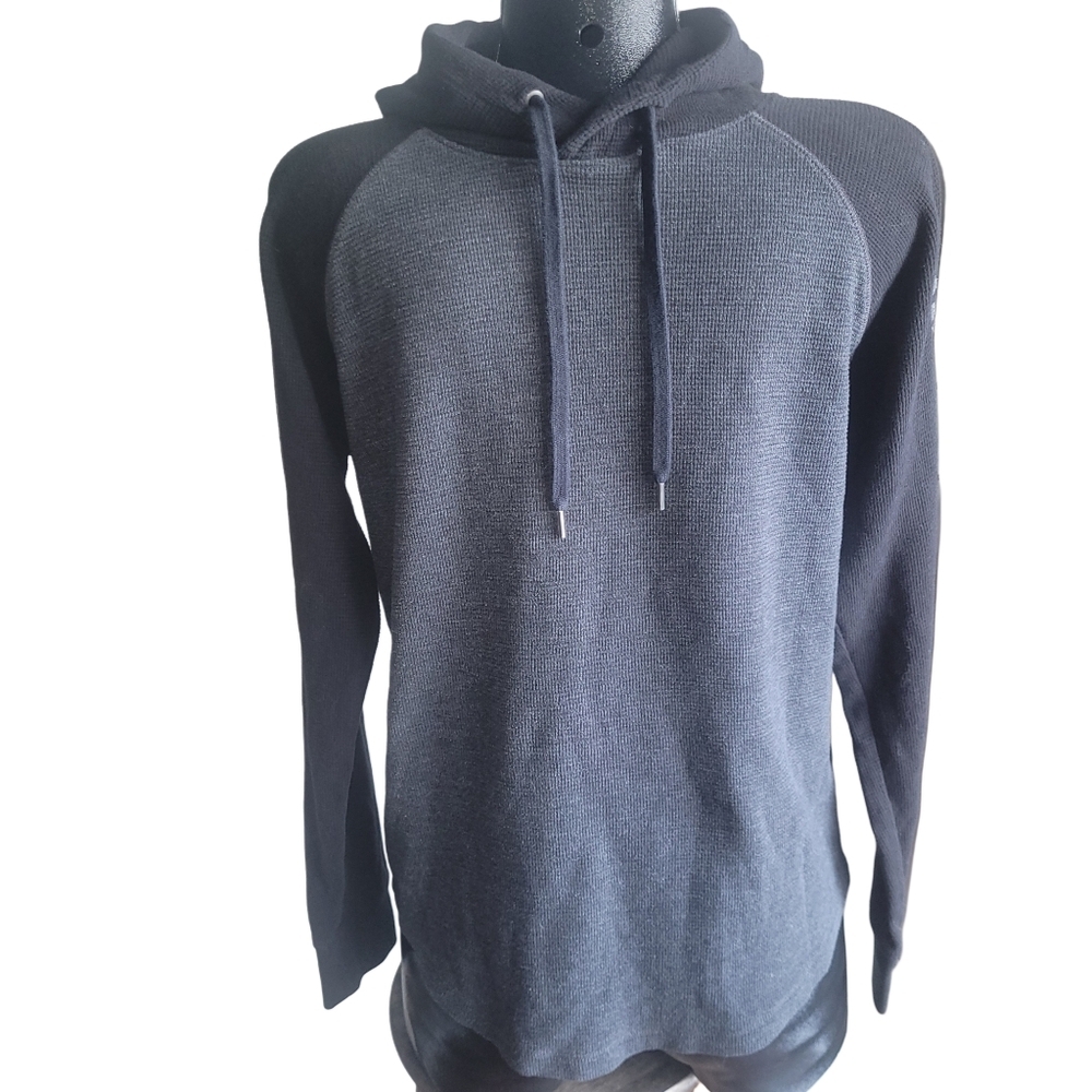 American Eagle Men's Black and Grey Waffle Knit Pullover Hoodie Size S